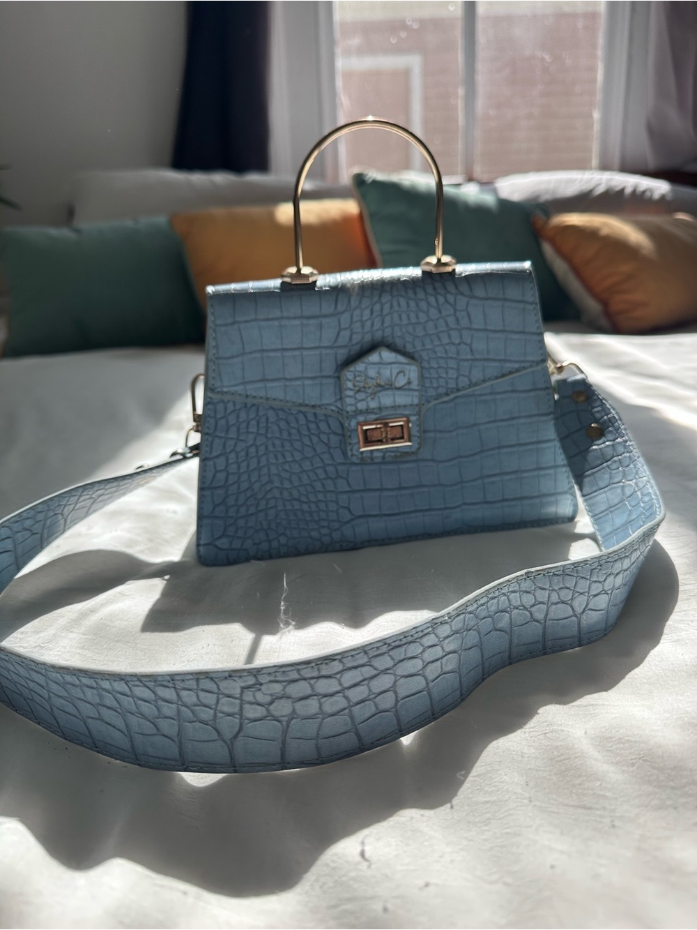 Structured Croc-Embossed Top Handle Bag in Light Blue